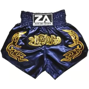 Authentic ZA Into The Futuer Muay Thai Boxing Shorts | Navy Blue with Golden Embroidery (Asian XL / UK M)